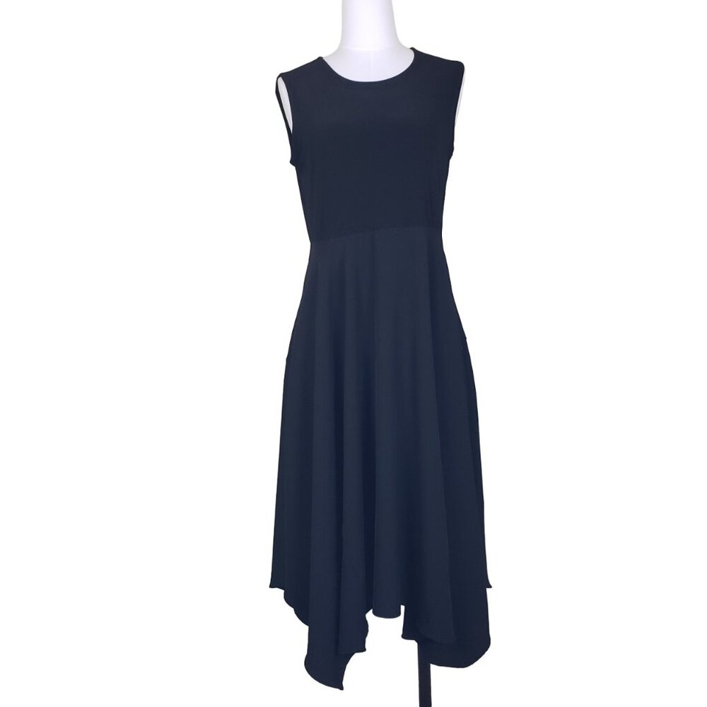 DKNY Black Fit Flare Black Dress M Hi Low Hem Stretchy Poly Sleeveless EUC